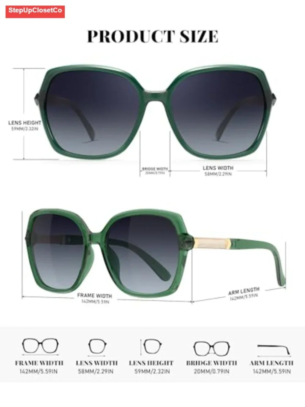 Polarized Large Square Sunglasses UV400 Protection